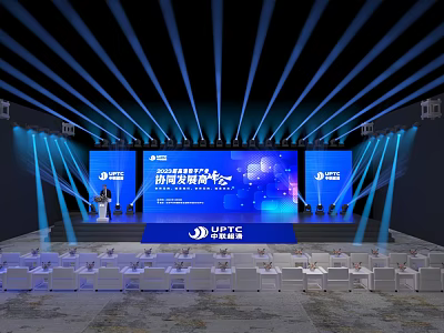 Modern Event Stage Design With Blue Lighting Large Screens And Audience Seats 3d model