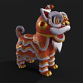Traditional Chinese Lion Dance Outfit With Ornate Red Gold Patterns And Fluffy Mane