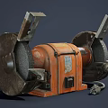 Industrial Bench Grinder With Dual Grinding Wheels Metal Stands Orange Body And Control Panel