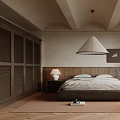 Warm Neutral Tones Bedroom Interior Design With Platform Bed Nightstand Table Lamp And Pendant Light