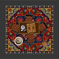 Traditional Wooden Dining Table With Carved Chairs Colorful Patterned Rug And Small Side Table