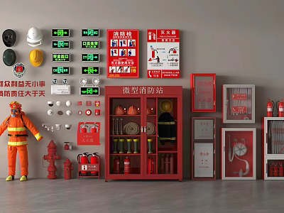 Essential Fire Equipment Collection With Fire Suits Helmets Extinguishers Hydrants Cabinets And Warning Signs 3d model
