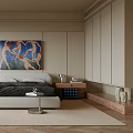 Modern Bedroom Interior With Gray Bed Painting Area Rug Pendant Light And Beige Cabinets