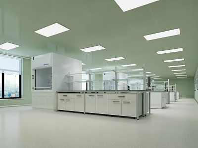 Modern Laboratory Interior With Fume Hood Lab Benches Cabinets And White Ceiling Lights 3d model