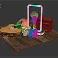 Daily Life Items Including Guitar Camera Suitcase And Boots On Wooden Floor
