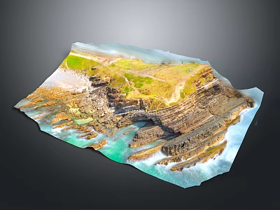 Layered Stone Cliffs And Wooden Deck Overlooking Seaside Beach With Clear Blue Water 3d model