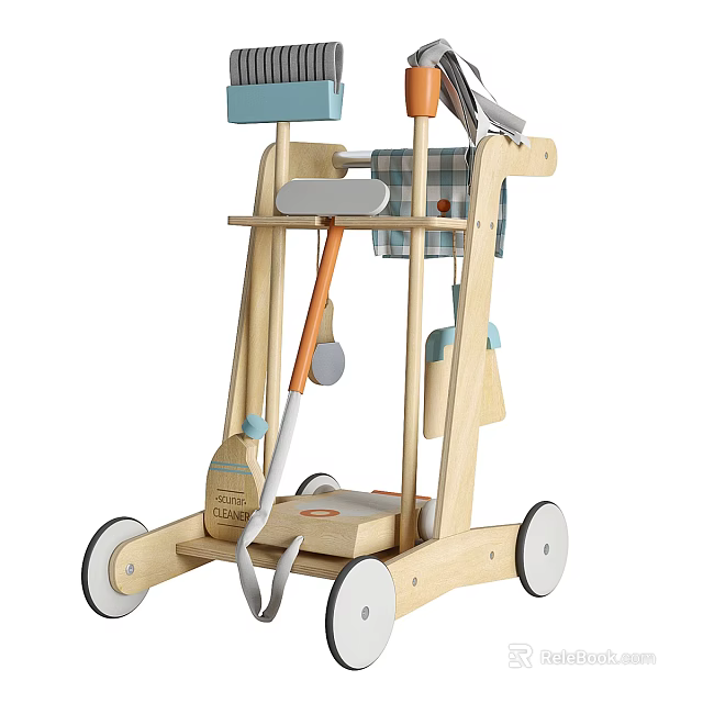 Light Wood Baby Walker For Toddlers With Shovel Basket Towel And White Wheels 3d model 