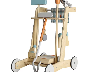 Light Wood Baby Walker For Toddlers With Shovel Basket Towel And White Wheels 3d model