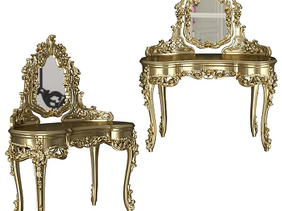 Elegant Gilded Ornate Dressing Table with Intricate Carved Frame and Decorative Mirror 3d model