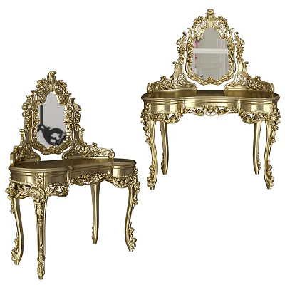 Elegant Gilded Ornate Dressing Table with Intricate Carved Frame and Decorative Mirror 3d model