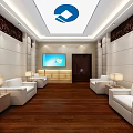 Elegant Lounge Area With White Sofas Wooden Flooring Marble Walls Table Lamps And Green Plants