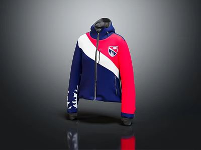 Hooded Zipper Jacket With Red Blue White Color Block Design And Chest Logo 3d model