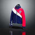 Hooded Zipper Jacket With Red Blue White Color Block Design And Chest Logo
