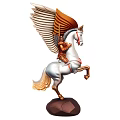 Decorative Winged Horse Statue With Golden Wings White Body Standing On Brown Base