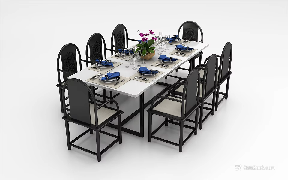Modern Dining Table Set With Black Chairs White Tabletop And Decorative Flowers 3d model