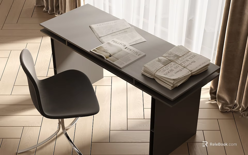 Modern Dark Desk With Stacked Newspapers Black Chair And Wooden Floor 3d model 