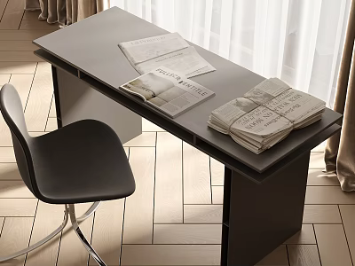 Modern Dark Desk With Stacked Newspapers Black Chair And Wooden Floor 3d model