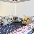 White Kids Canopy Bed With Red White Striped Top Colorful Patterned Curtains And Decorative Pillows