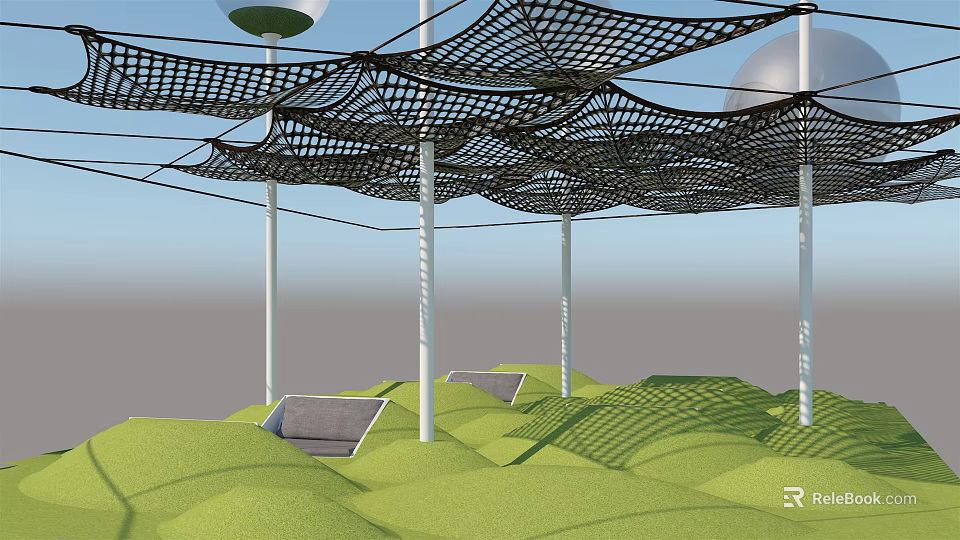 Sports Equipment Featuring Black Mesh Structure Over Green Turf With White Poles And Gray Seats 3d model 