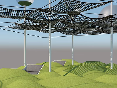 Sports Equipment Featuring Black Mesh Structure Over Green Turf With White Poles And Gray Seats 3d model