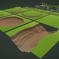 Cartoon Scene Featuring Green Terrain Various Shaped Trees Scattered Rocks And Divided Grass Plots