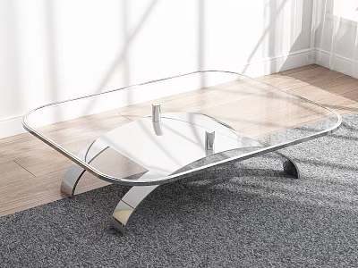 Modern Glass Top Coffee Table With Curved Metal Legs On Gray Carpet Wooden Floor 3d model