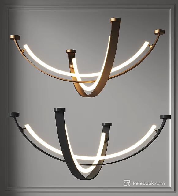 Modern Gold And Black Chandelier With Curved Metal Frame And LED Light Strips 3d model 