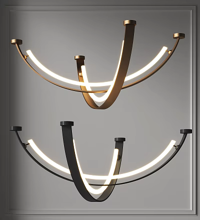 Modern Gold And Black Chandelier With Curved Metal Frame And LED Light Strips 3d model