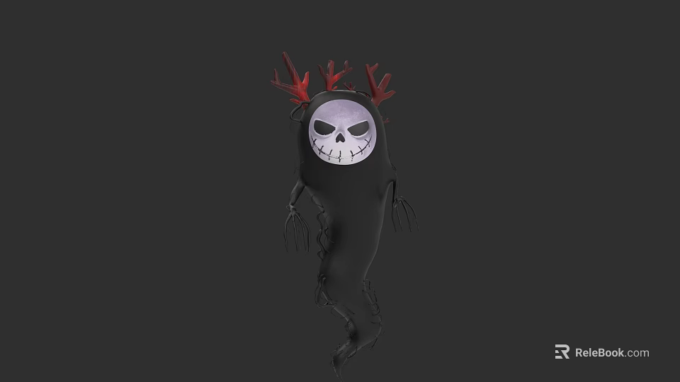 Spooky Black Creature Character With Skull Face Red Antlers And Long Thin Limbs 3d model 