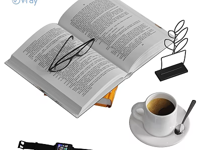 Decorative Accessory Set with Open Book Eyeglasses Metal Plant Decor and Coffee Cup 3d model