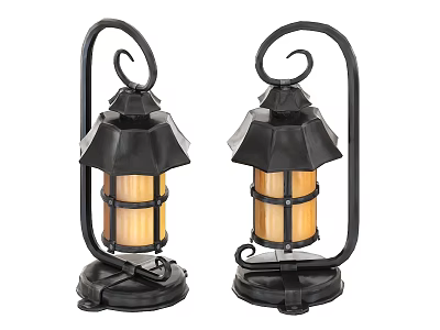 Vintage Black Metal Wall Sconces With Curved Brackets And Octagonal Yellow Glass Shades 3d model