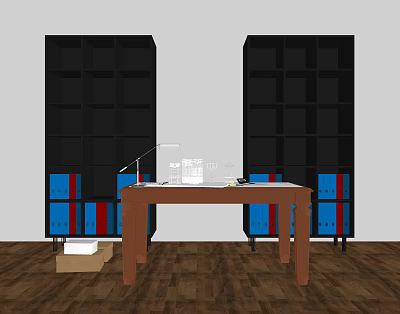 Other Study Space With Black Bookshelves Blue Red Books Brown Desk Laptop And Wooden Floor 3d model