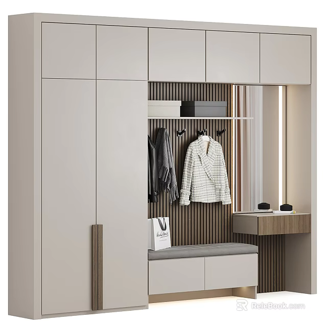 Modern Entryway Cabinet Sideboard With Hanging Hooks Mirror Bench And Storage 3d model