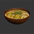 Natural Wooden Serving Bowl with Fresh Soup Vegetables Noodles and Herbs