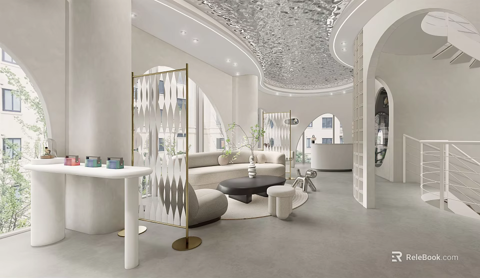 Elegant Modern Boutique Interior Design With Curved Ceiling Marble Tables And Soft Lighting 3d model 