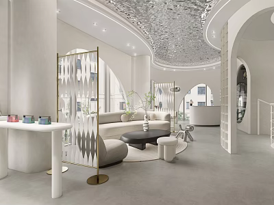 Elegant Modern Boutique Interior Design With Curved Ceiling Marble Tables And Soft Lighting 3d model