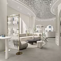 Elegant Modern Boutique Interior Design With Curved Ceiling Marble Tables And Soft Lighting