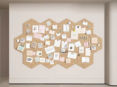 Hexagon Cork Board Wall Decor With Notes Photos And Small Cards For Warm Layered Look 3d model