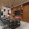 Modern Interior Design With Wooden Ceiling Pendant Lights Green Wall Long Table And Gray Chairs