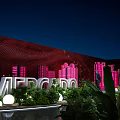 Modern Floral Installation with Pink Lighting Green Plants and Architectural Silhouettes in Night Venue
