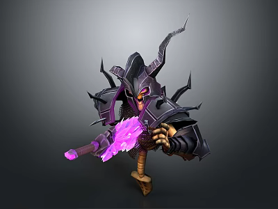 Warrior Action Figure With Black Armor And Purple Glowing Weapon Design 3d model