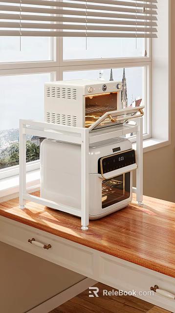 Kitchen Decorative Ornament Combination Featuring White Oven And Shelf On Wooden Countertop Near Window 3d model 