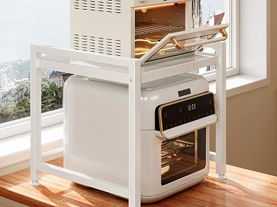 Kitchen Decorative Ornament Combination Featuring White Oven And Shelf On Wooden Countertop Near Window 3d model