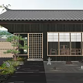 Japanese Style Courtyard Garden With Traditional Architecture Stone Pavement Wooden Seating And Green Plants