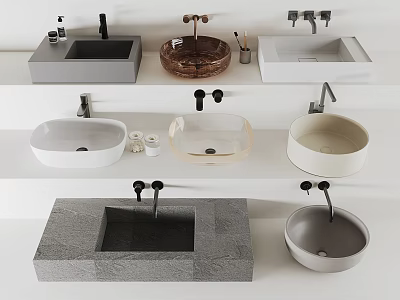 Stylish Bathroom Washbasins With Various Shapes Square Round And Modern Faucets 3d model