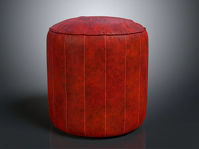 Stylish Red Round Textured Leather Pouf With Vertical Stitched Details For Living Room 3d model