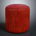 Stylish Red Round Textured Leather Pouf With Vertical Stitched Details For Living Room