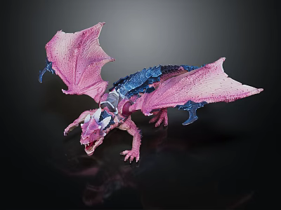 Pink And Blue Detailed Dragon Toy Figure With Open Mouth Wings 3d model