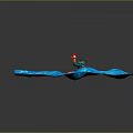 Small Wooden Platform In Blue Water With Red Clothed Figure And Rocket Structure