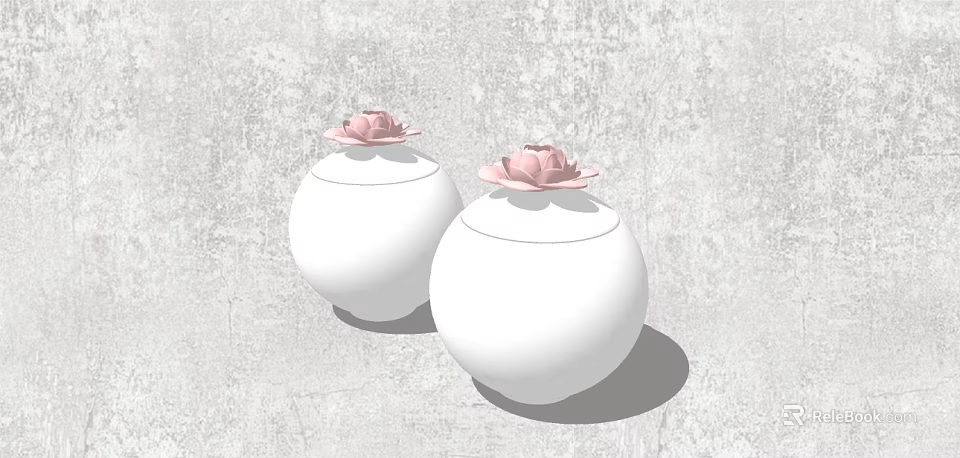 Two White Spherical Vases With Pink Lotus Flowers On Gray Textured Background 3d model 